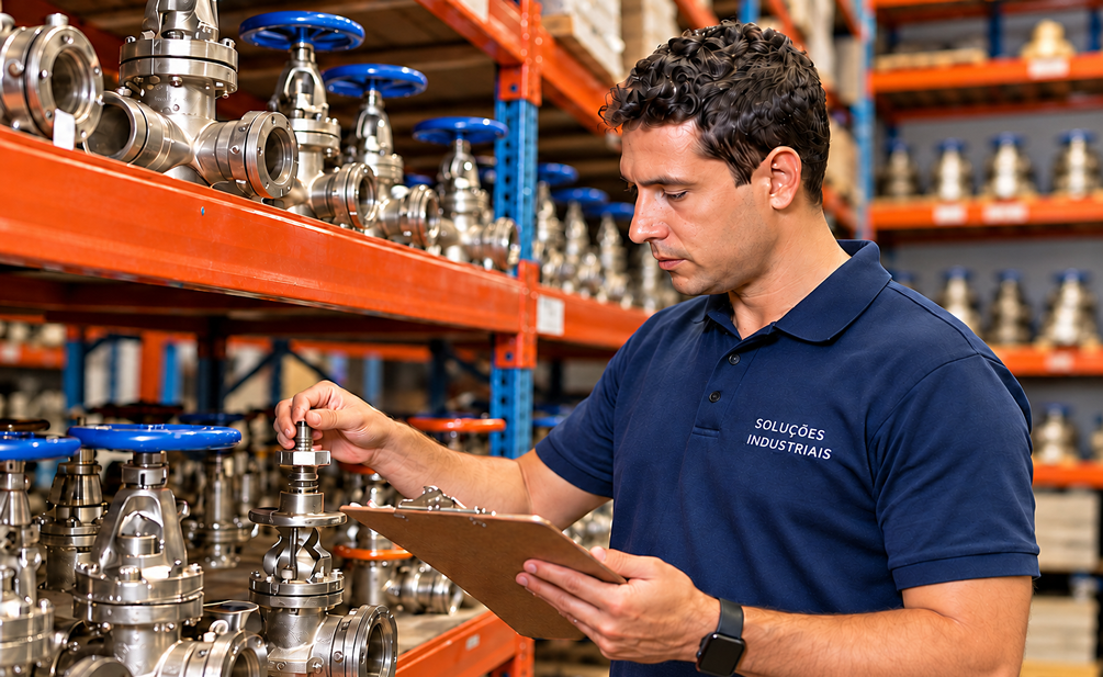 Profissional conferindo válvulas e materiais industriais em estoque